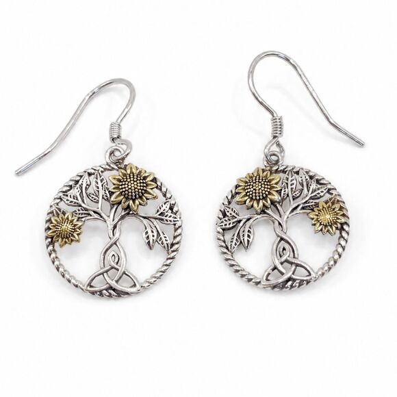 Unknown Jewelry - Sterling Silver 925 Sunflower Tree of Life Celtic Knot Dangle Earrings